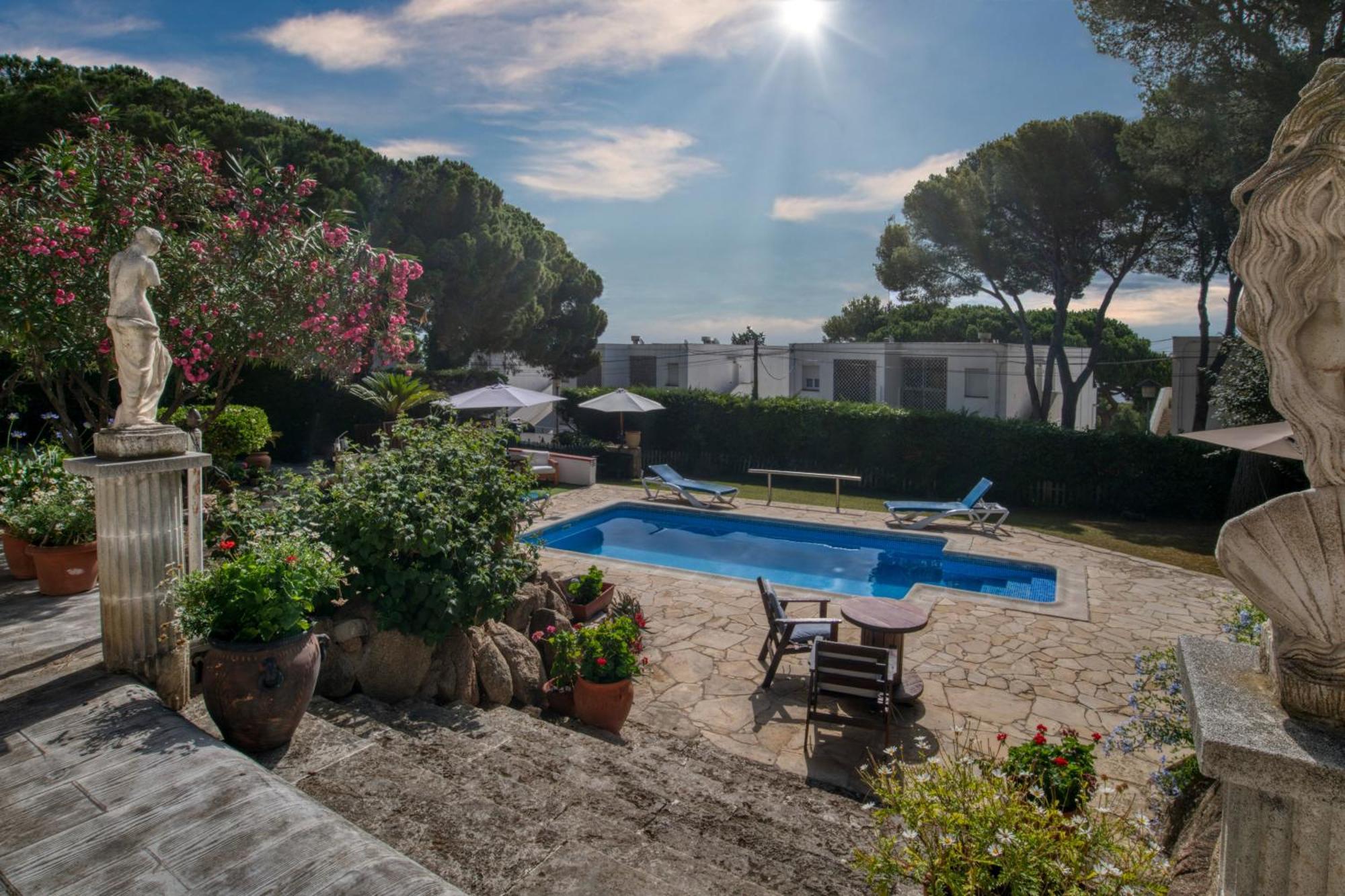 Pool and garden of Casa Isabel in the afternoon sun